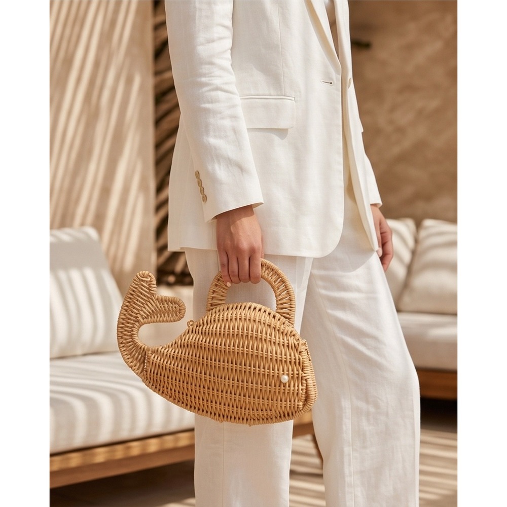 Tommy Bahama Whale Wicker Crossbody Bag Natural Wicker Pearl Eye WW0008 NEW